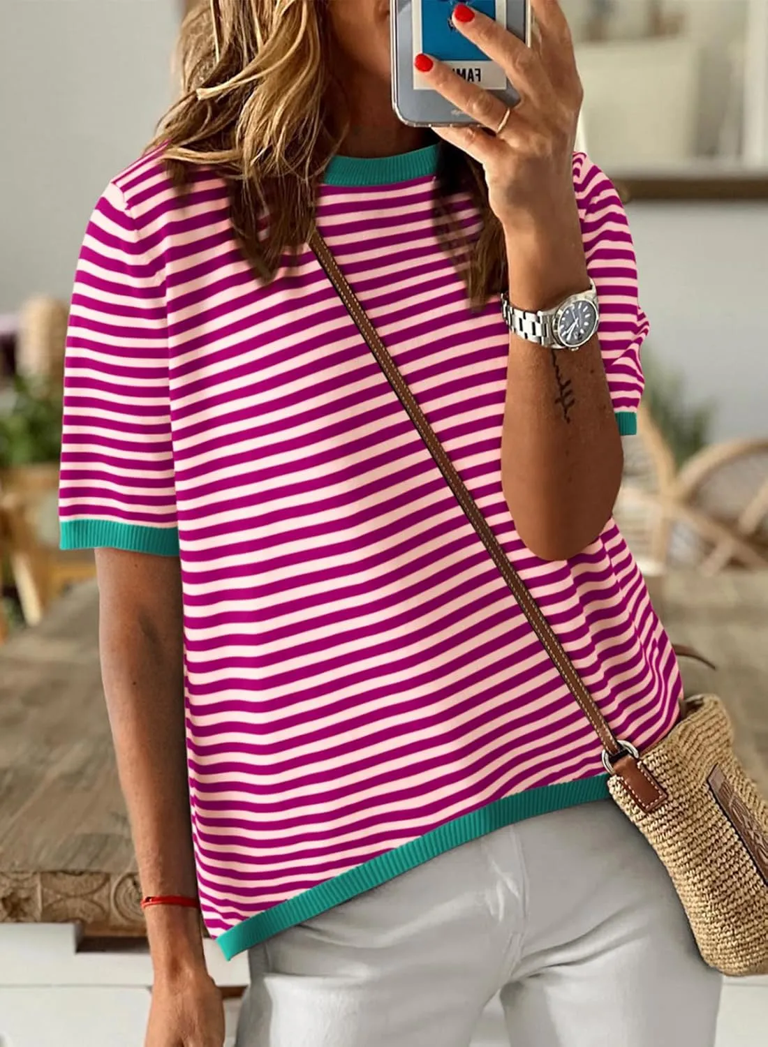Dokotoo Womens Tops Casual Summer Crewneck Short Sleeve Striped Color Block Knit High Low Trendy Pullover Sweaters