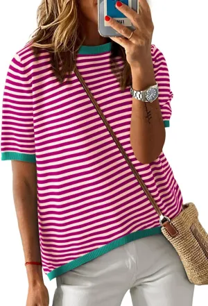 Dokotoo Womens Tops Casual Summer Crewneck Short Sleeve Striped Color Block Knit High Low Trendy Pullover Sweaters
