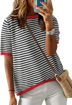 Dokotoo Womens Tops Casual Summer Crewneck Short Sleeve Striped Color Block Knit High Low Trendy Pullover Sweaters