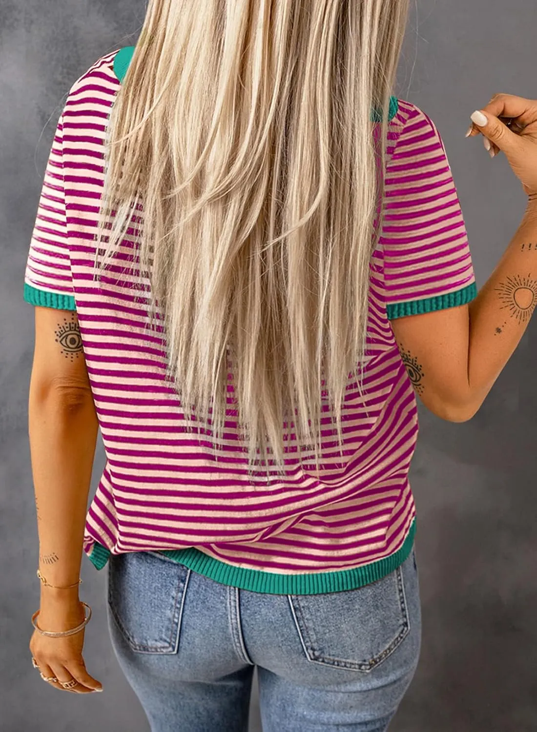Dokotoo Womens Tops Casual Summer Crewneck Short Sleeve Striped Color Block Knit High Low Trendy Pullover Sweaters