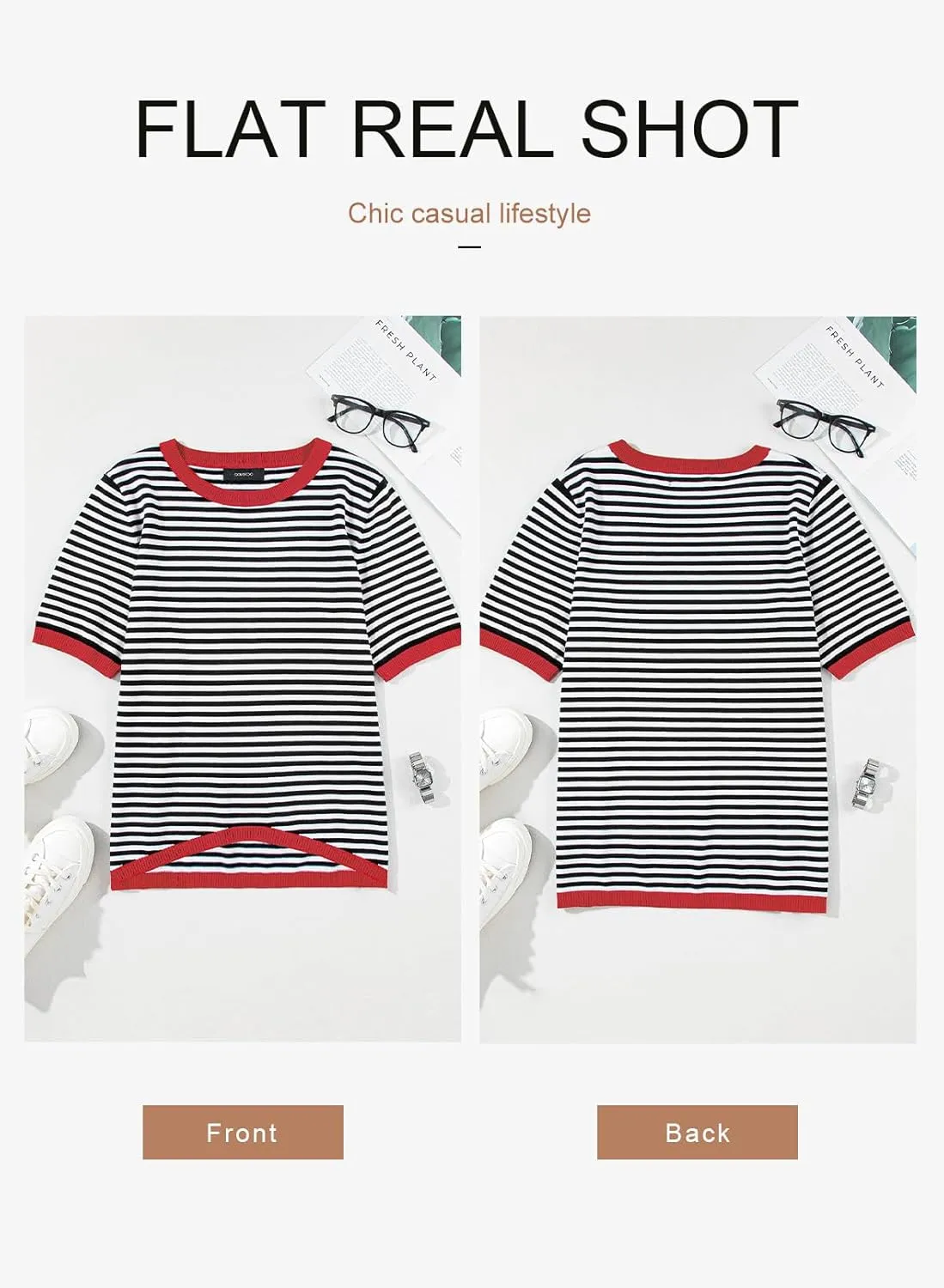 Dokotoo Womens Tops Casual Summer Crewneck Short Sleeve Striped Color Block Knit High Low Trendy Pullover Sweaters