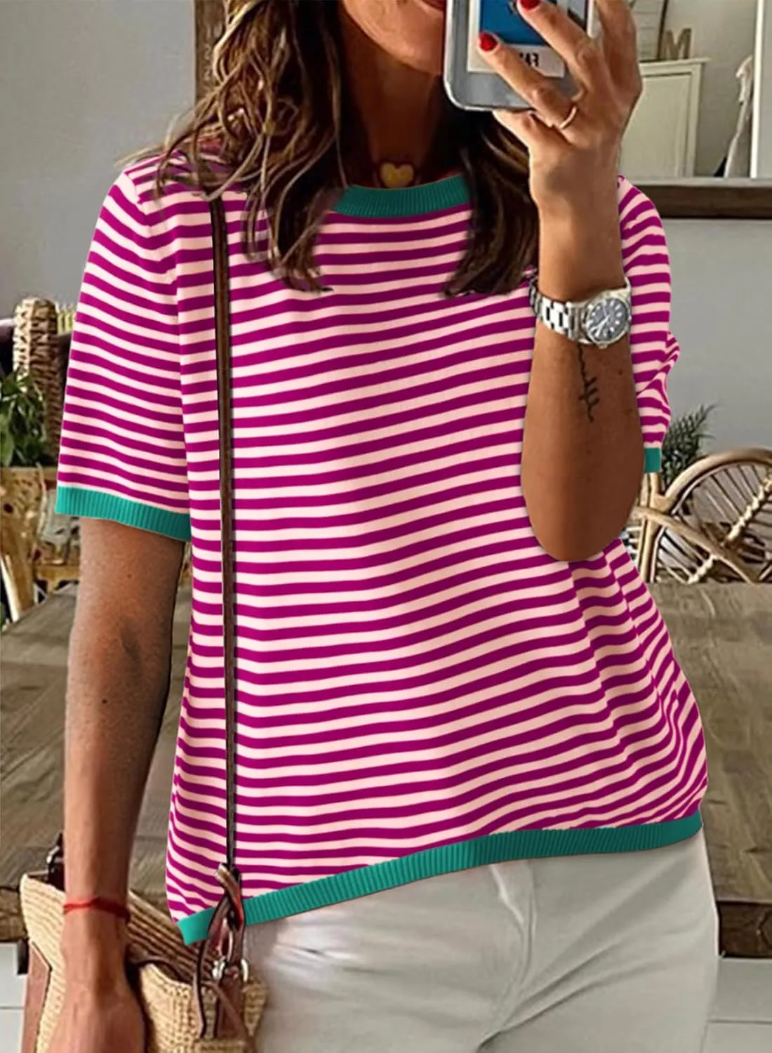 Dokotoo Womens Tops Casual Summer Crewneck Short Sleeve Striped Color Block Knit High Low Trendy Pullover Sweaters