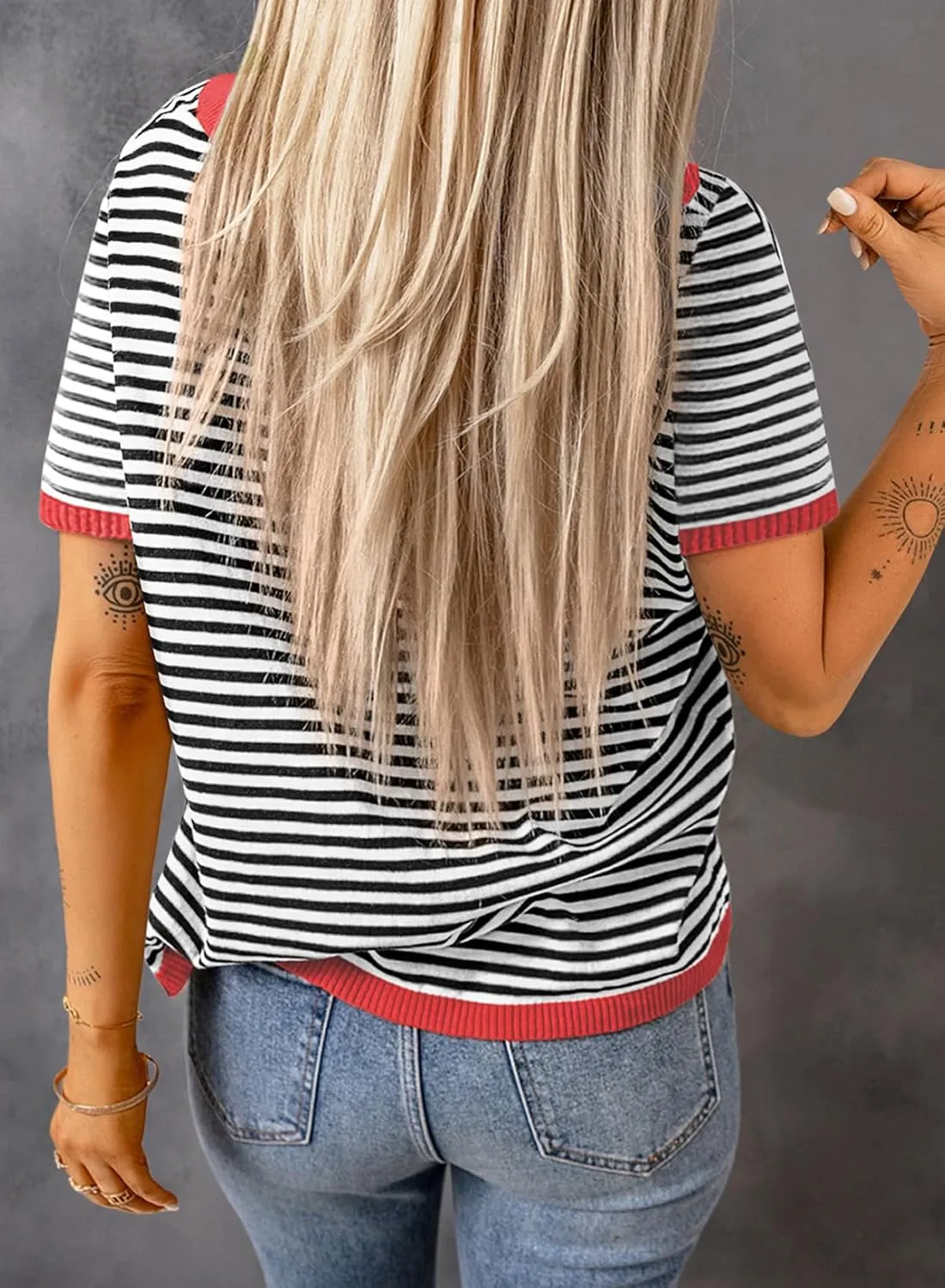Dokotoo Womens Tops Casual Summer Crewneck Short Sleeve Striped Color Block Knit High Low Trendy Pullover Sweaters