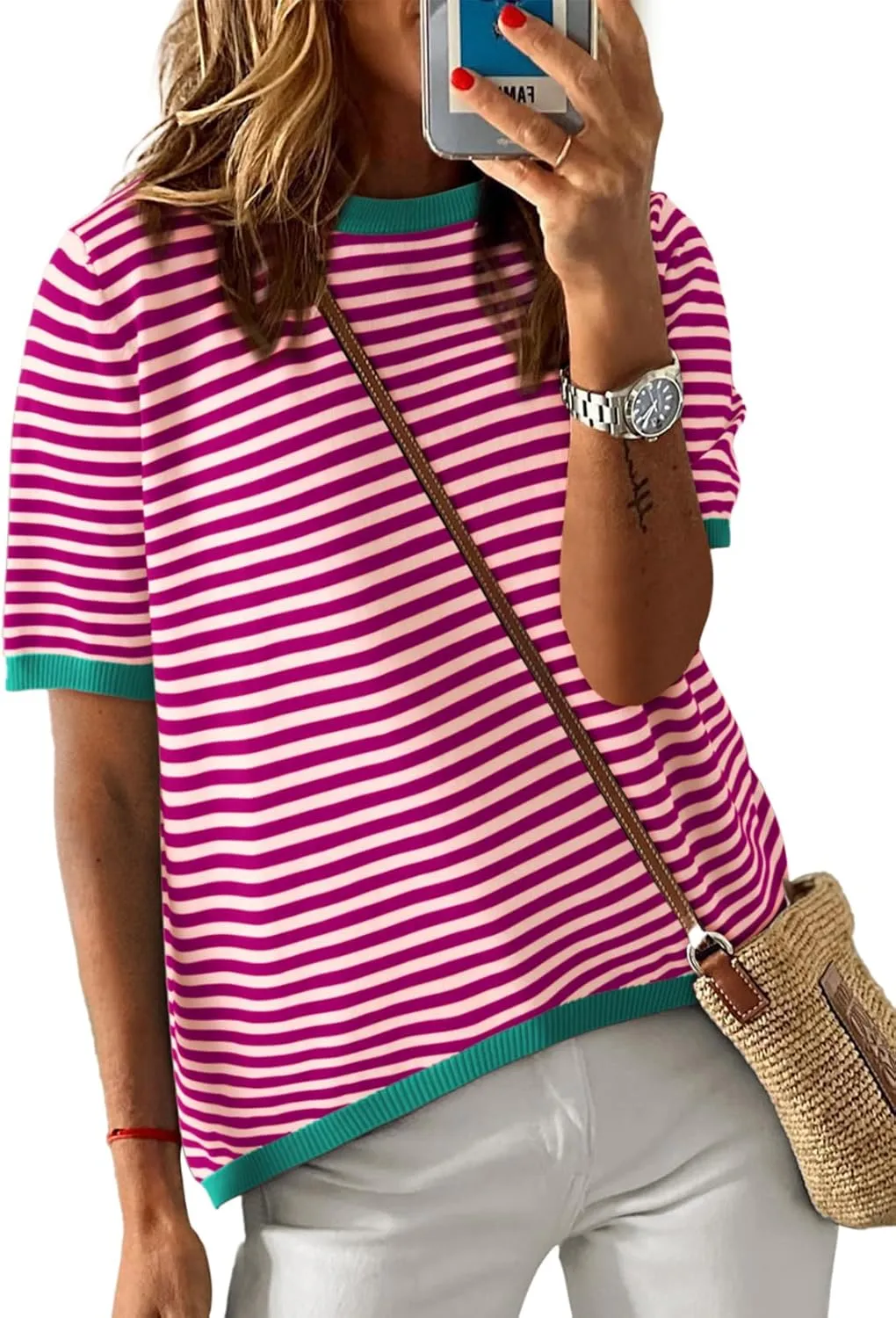 Dokotoo Womens Tops Casual Summer Crewneck Short Sleeve Striped Color Block Knit High Low Trendy Pullover Sweaters