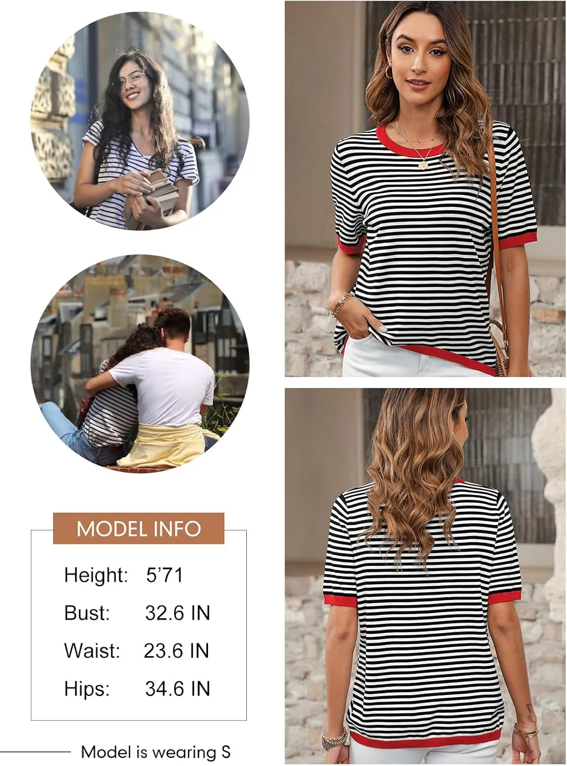Dokotoo Womens Tops Casual Summer Crewneck Short Sleeve Striped Color Block Knit High Low Trendy Pullover Sweaters