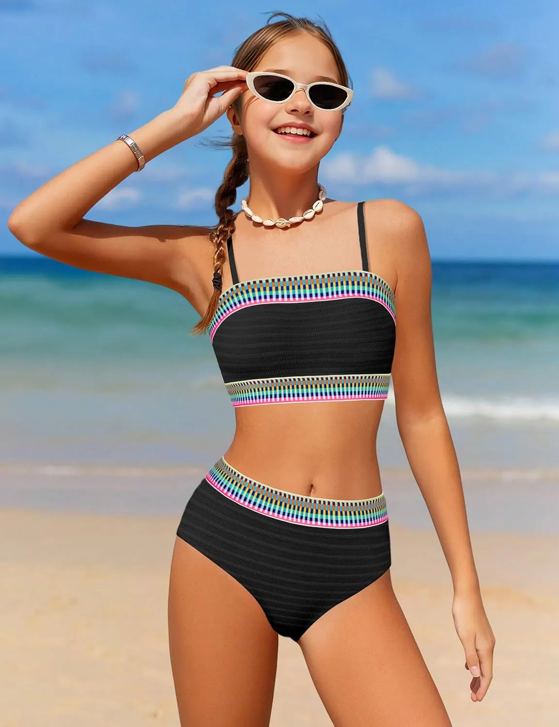 DONWEN Girls Colorblock Swimsuit Two Piece Bandeau Bikini Set Ribbed Woven Bathing Suits