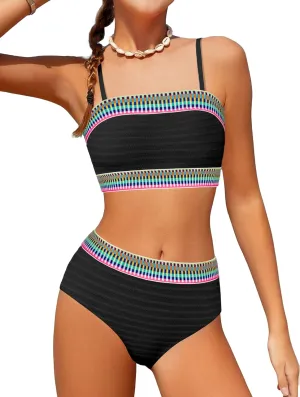 DONWEN Girls Colorblock Swimsuit Two Piece Bandeau Bikini Set Ribbed Woven Bathing Suits
