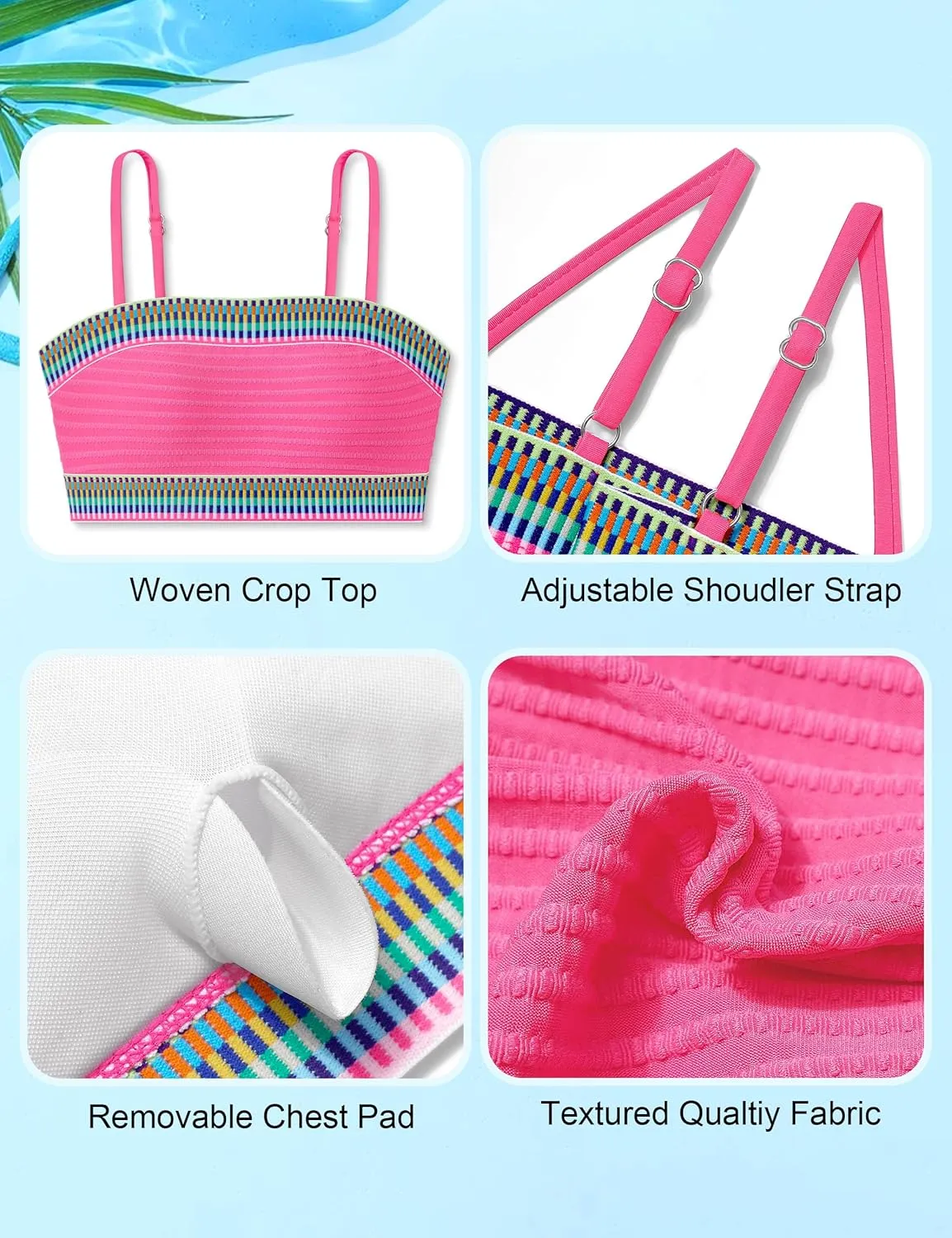 DONWEN Girls Colorblock Swimsuit Two Piece Bandeau Bikini Set Ribbed Woven Bathing Suits