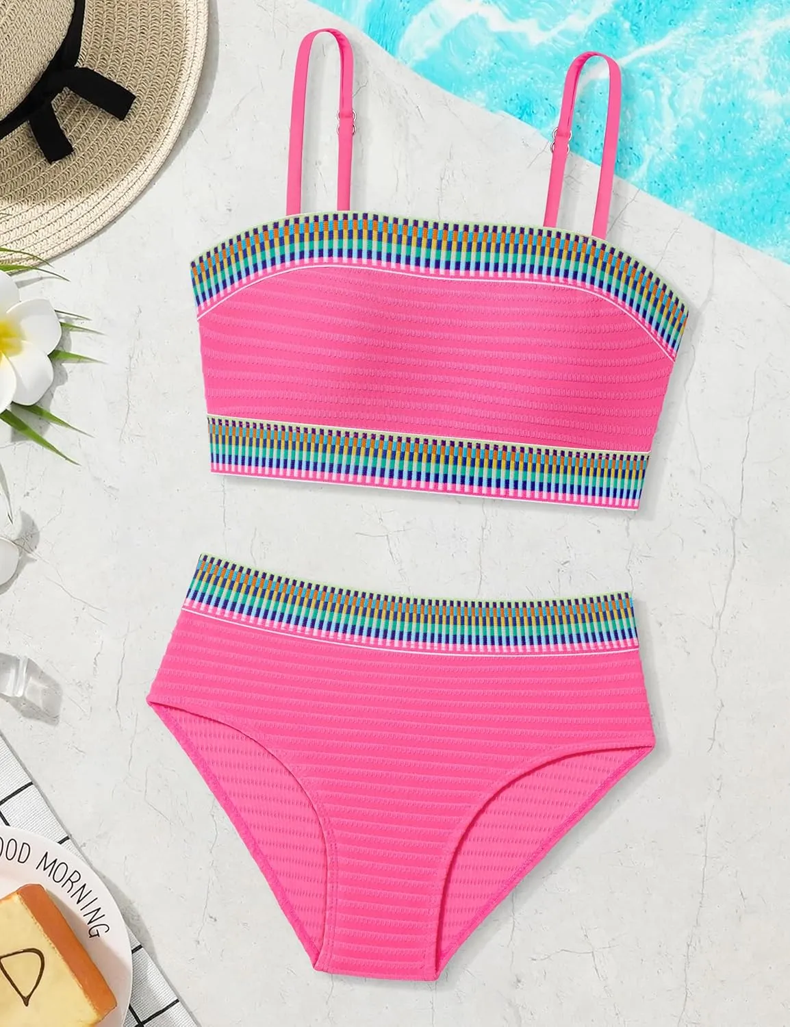 DONWEN Girls Colorblock Swimsuit Two Piece Bandeau Bikini Set Ribbed Woven Bathing Suits