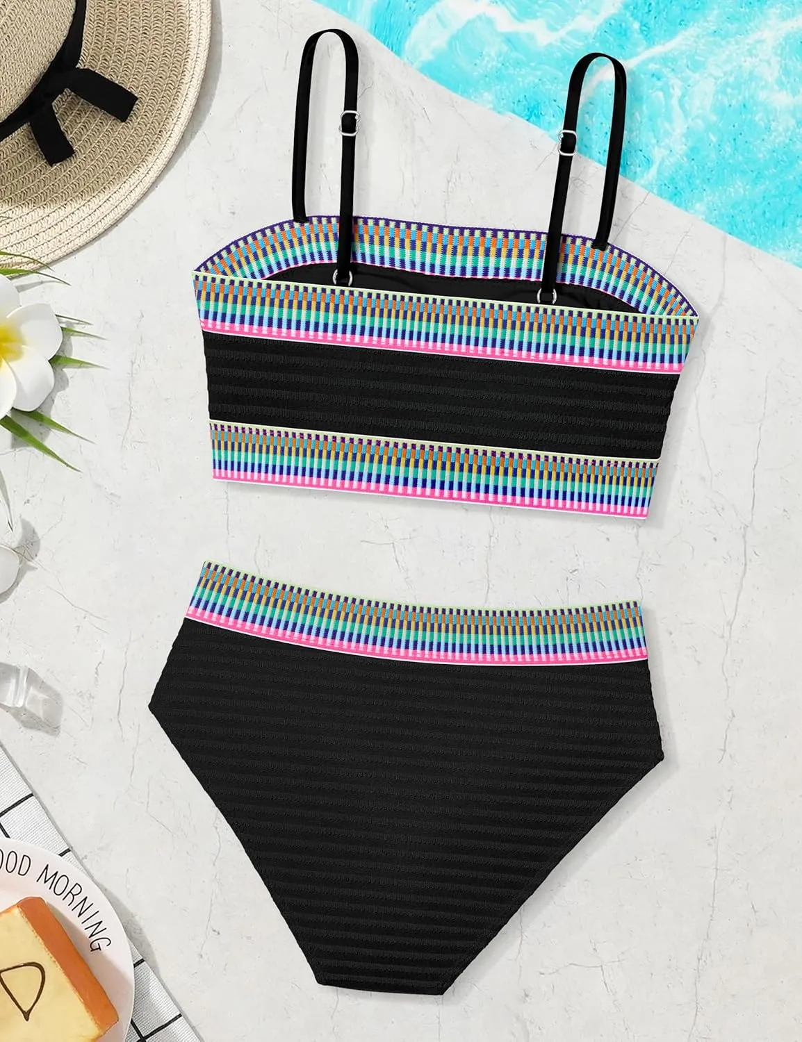 DONWEN Girls Colorblock Swimsuit Two Piece Bandeau Bikini Set Ribbed Woven Bathing Suits