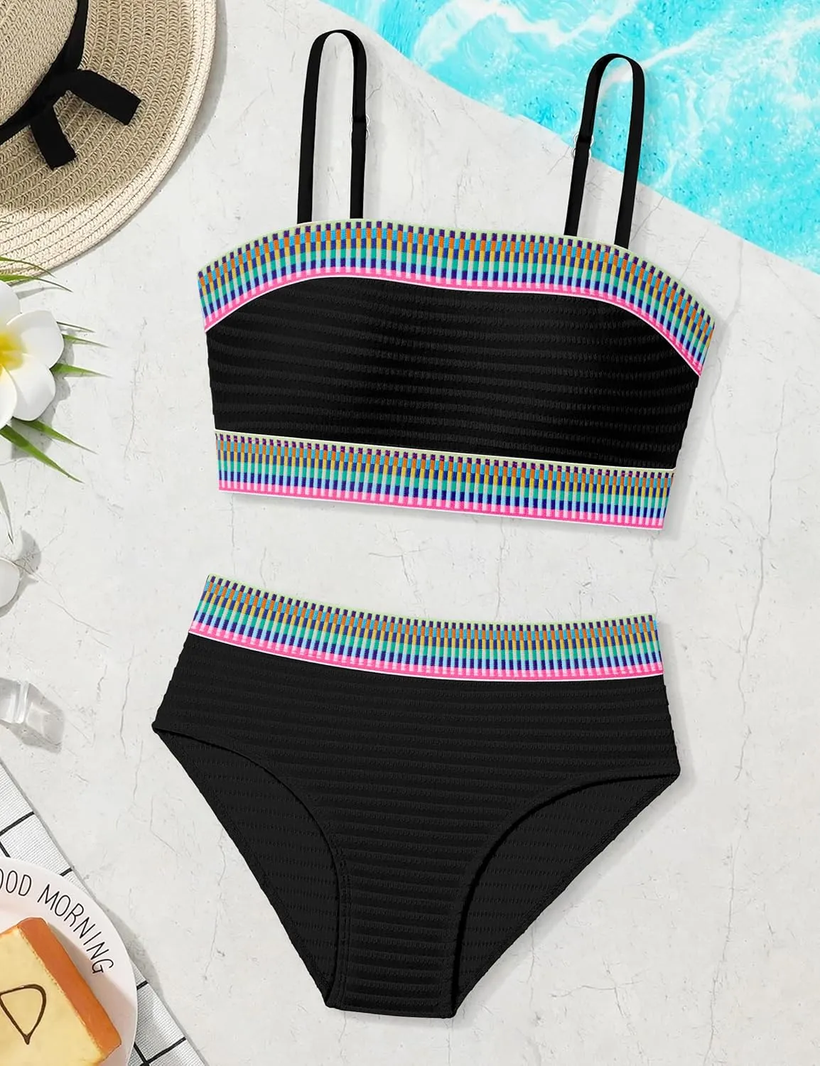 DONWEN Girls Colorblock Swimsuit Two Piece Bandeau Bikini Set Ribbed Woven Bathing Suits