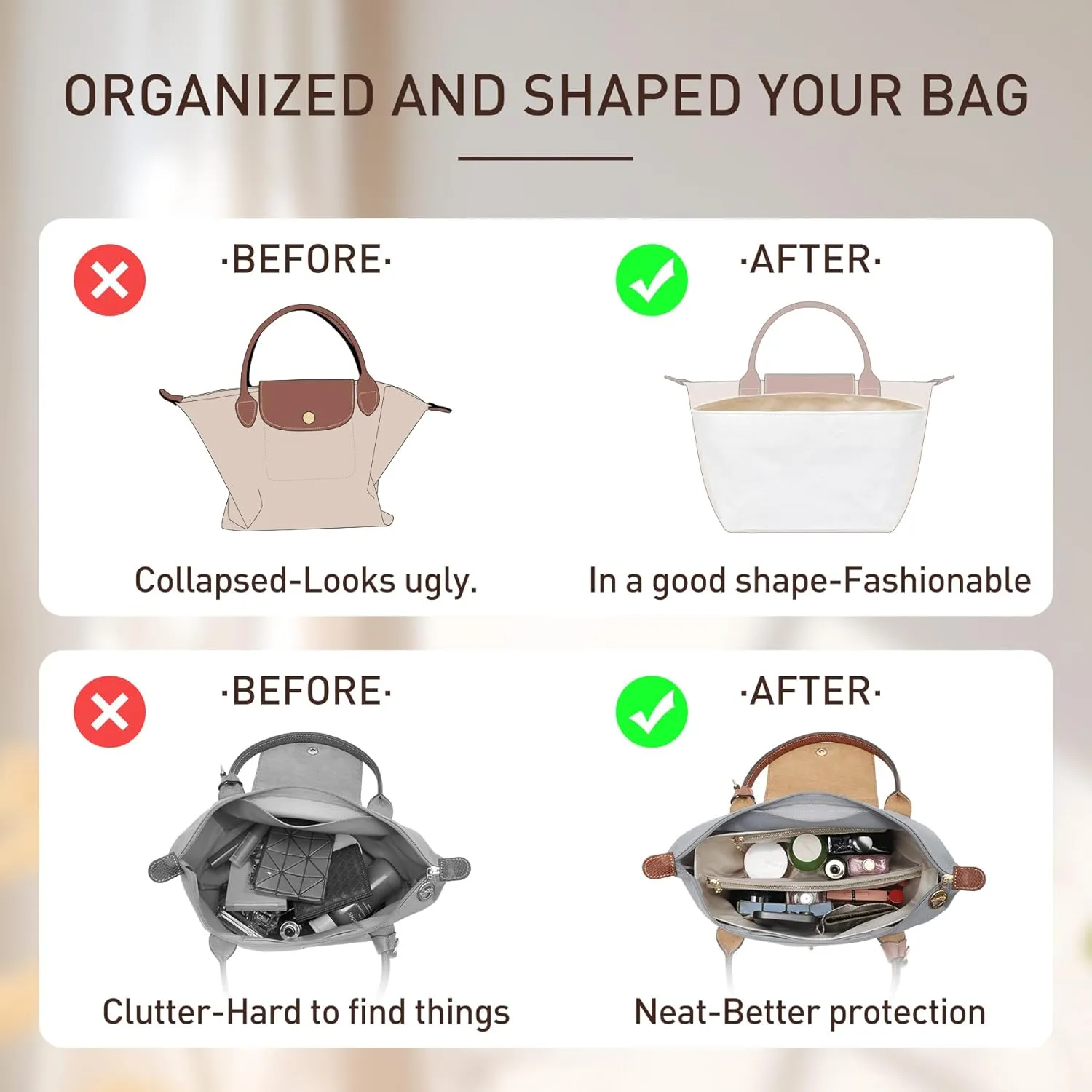 Doxo Purse Insert Organizer Compatible with Longchamp Small Handbag, Super Lightweight Waterproof Le Pliage Small Organizer, Keeps Handbags Shaped & Neat(White, S)