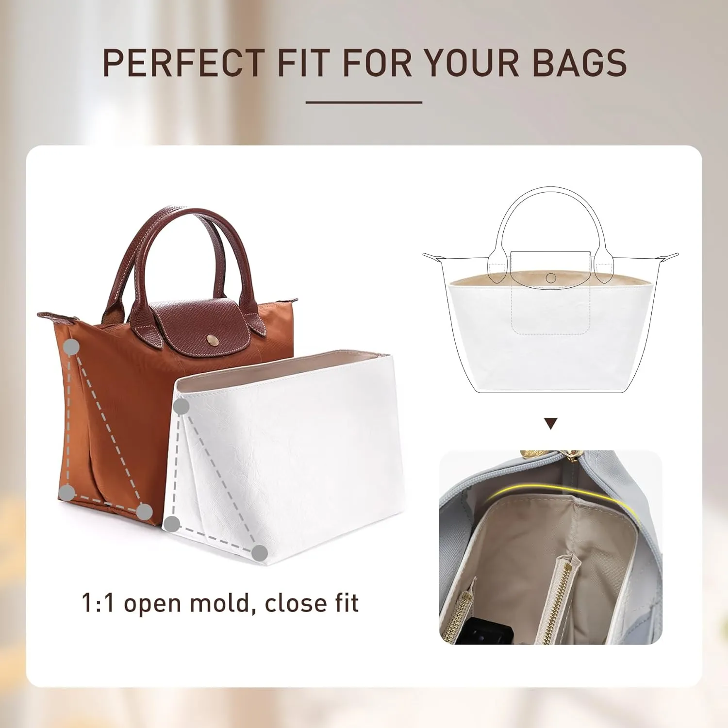 Doxo Purse Insert Organizer Compatible with Longchamp Small Handbag, Super Lightweight Waterproof Le Pliage Small Organizer, Keeps Handbags Shaped & Neat(White, S)