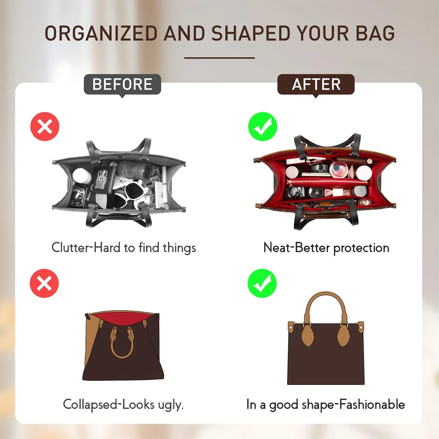 Doxo Purse Organizer Insert, Felt Bag Organizer with Zipper, Suitable for Lv Onthego GM & D Book Tote Bag Large and More (Red Cover, XL-GM)