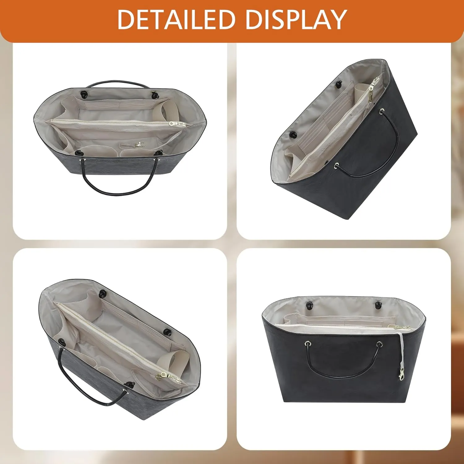 DupontPaper Purse Organizer Insert with Elastic Cup Holder,Tote Handbag Divider Shaper Cpmpatible with Longchamp Medium/Goyard PM and More, 17 Compartments/Key Leash Zipper Bags Liner, Black&White/M