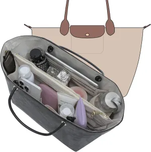 DupontPaper Purse Organizer Insert with Elastic Cup Holder,Tote Handbag Divider Shaper Cpmpatible with Longchamp Medium/Goyard PM and More, 17 Compartments/Key Leash Zipper Bags Liner, Black&White/M
