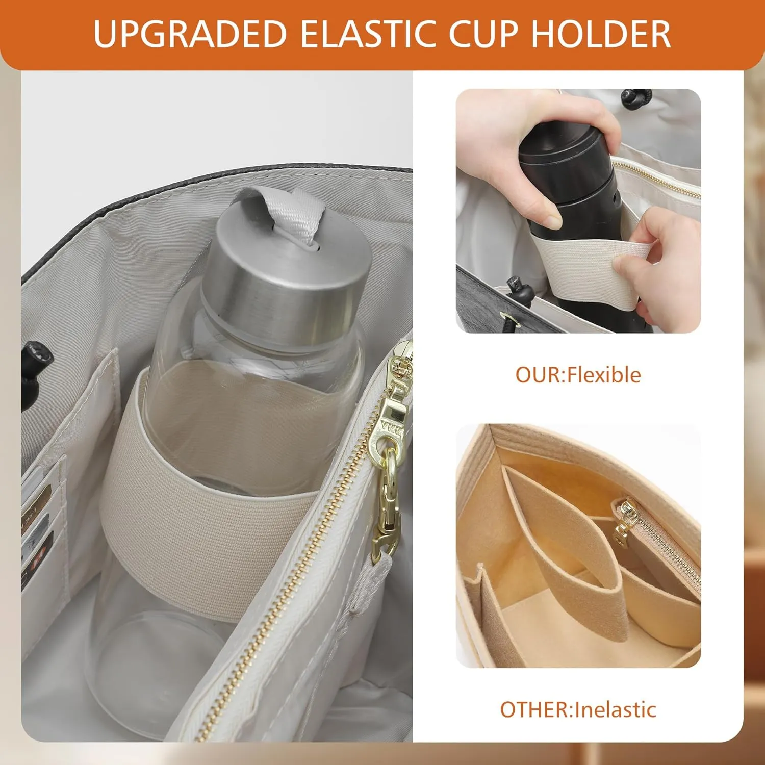 DupontPaper Purse Organizer Insert with Elastic Cup Holder,Tote Handbag Divider Shaper Cpmpatible with Longchamp Medium/Goyard PM and More, 17 Compartments/Key Leash Zipper Bags Liner, Black&White/M