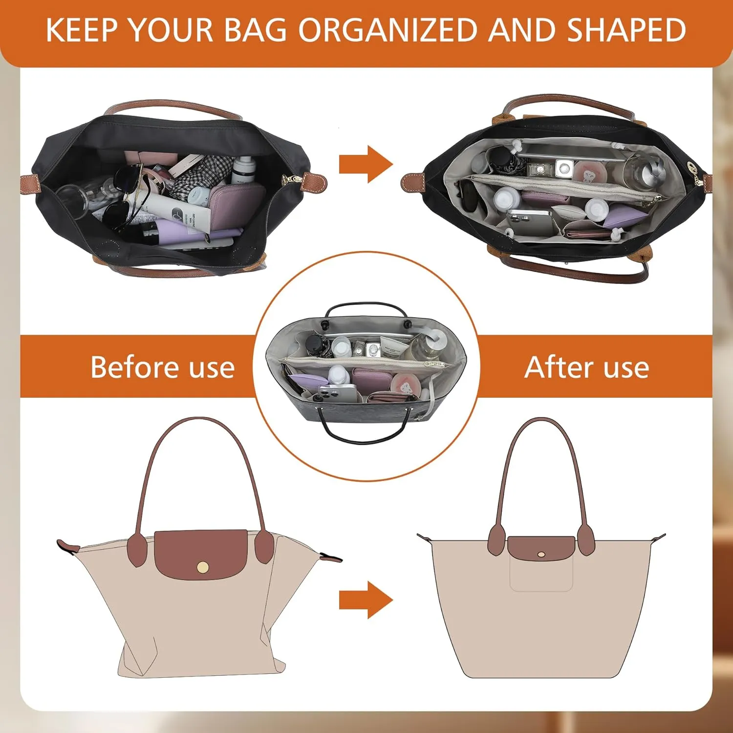DupontPaper Purse Organizer Insert with Elastic Cup Holder,Tote Handbag Divider Shaper Cpmpatible with Longchamp Medium/Goyard PM and More, 17 Compartments/Key Leash Zipper Bags Liner, Black&White/M