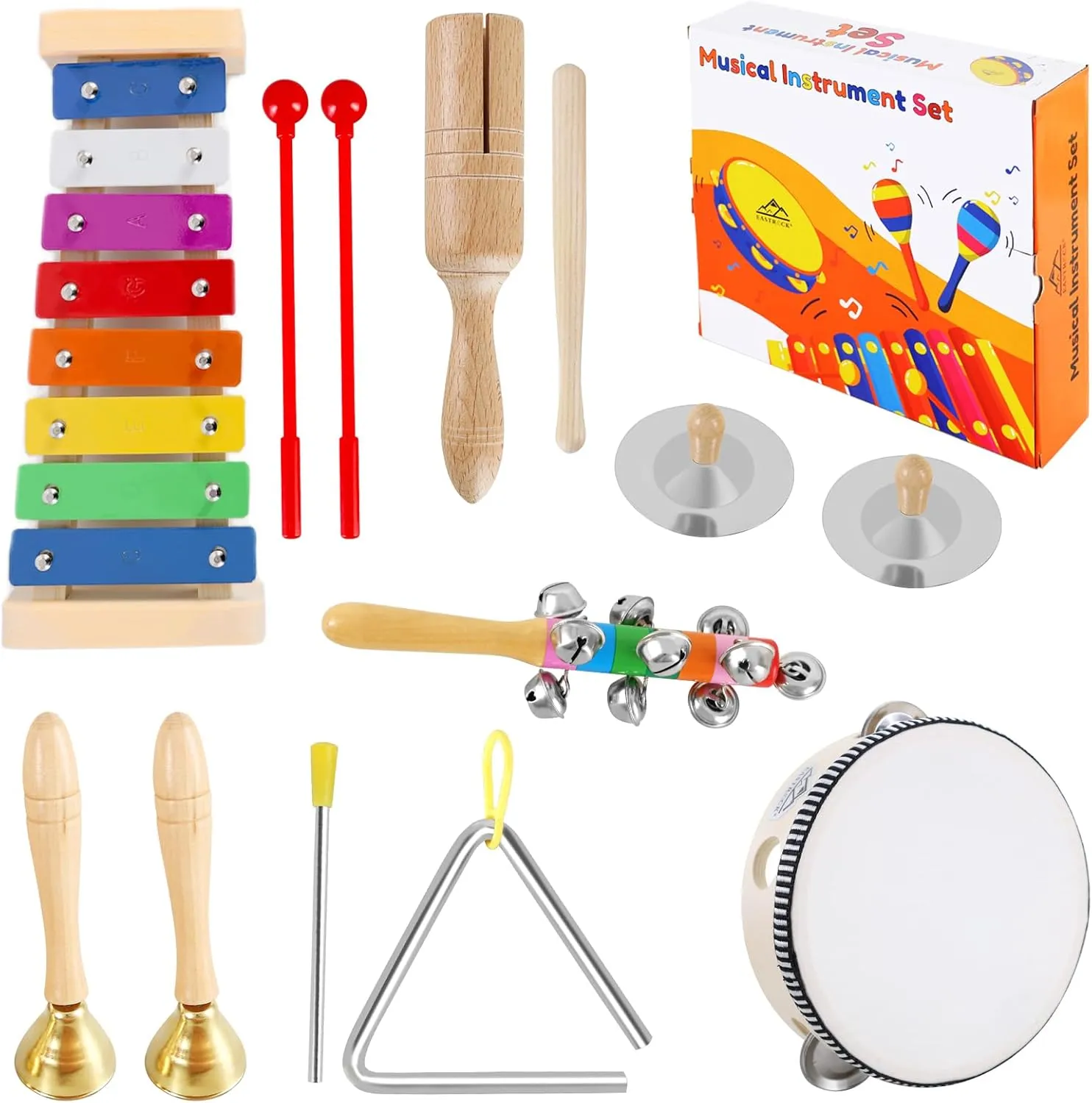 EASTROCK 13 Pcs Musical Instruments Set,Best Gifts for Children,Include Tambourine,Xylophone,Triangle Instrument,Guiro,Egg Shakers,Castanets,Wrist Bells,Handbag