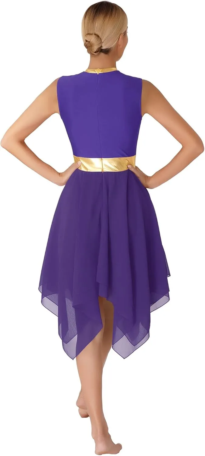 easyforever Womens Lyrical Liturgical Praise Dance Dress Gold Color Block Metallic Irregular Worship Costume