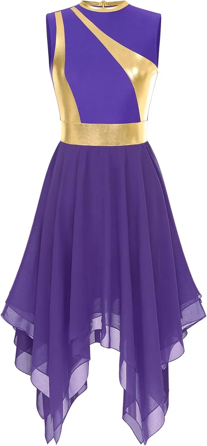 easyforever Womens Lyrical Liturgical Praise Dance Dress Gold Color Block Metallic Irregular Worship Costume