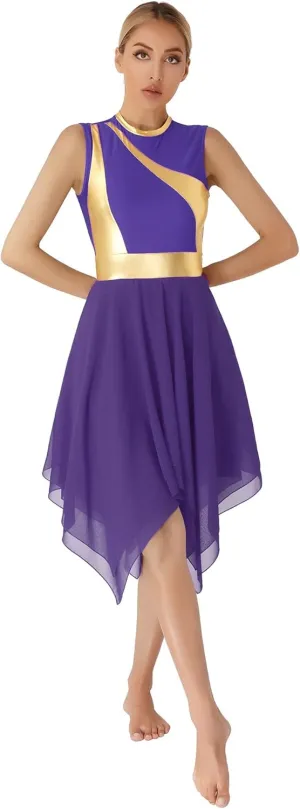 easyforever Womens Lyrical Liturgical Praise Dance Dress Gold Color Block Metallic Irregular Worship Costume