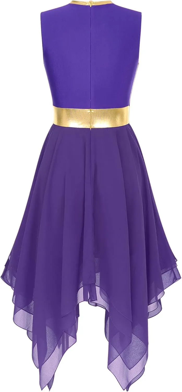 easyforever Womens Lyrical Liturgical Praise Dance Dress Gold Color Block Metallic Irregular Worship Costume