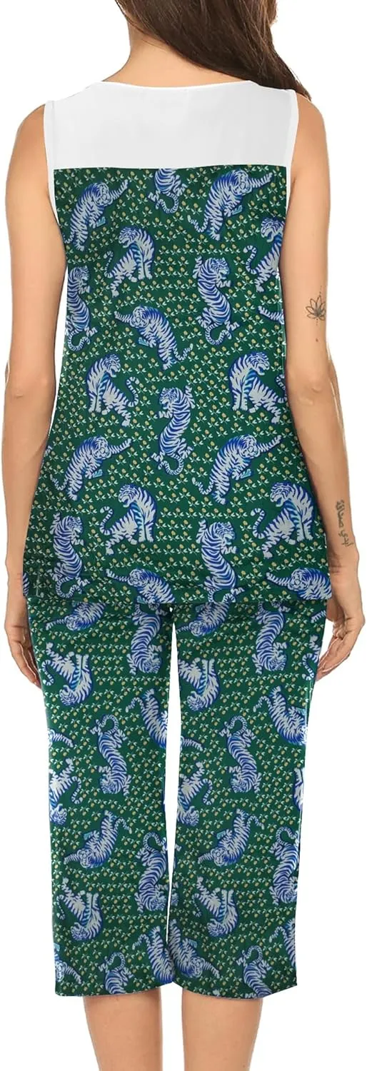 Ekouaer Capri Pajama Sets for Women 2 Piece Soft Cute Pjs Round Neck Sleeveless Lounge Set for Summer Sleepwear S-XXL