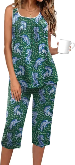 Ekouaer Capri Pajama Sets for Women 2 Piece Soft Cute Pjs Round Neck Sleeveless Lounge Set for Summer Sleepwear S-XXL
