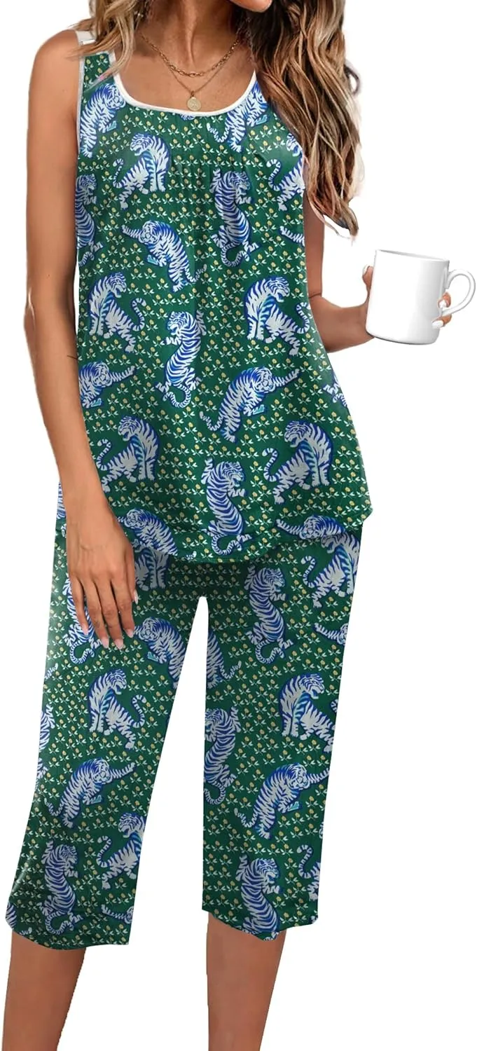 Ekouaer Capri Pajama Sets for Women 2 Piece Soft Cute Pjs Round Neck Sleeveless Lounge Set for Summer Sleepwear S-XXL