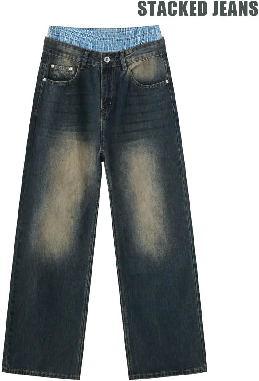 EMMIOL Mens Baggy Hip Hop Jeans Loose Fit Long Denim Pants Casual Trousers Streetwear