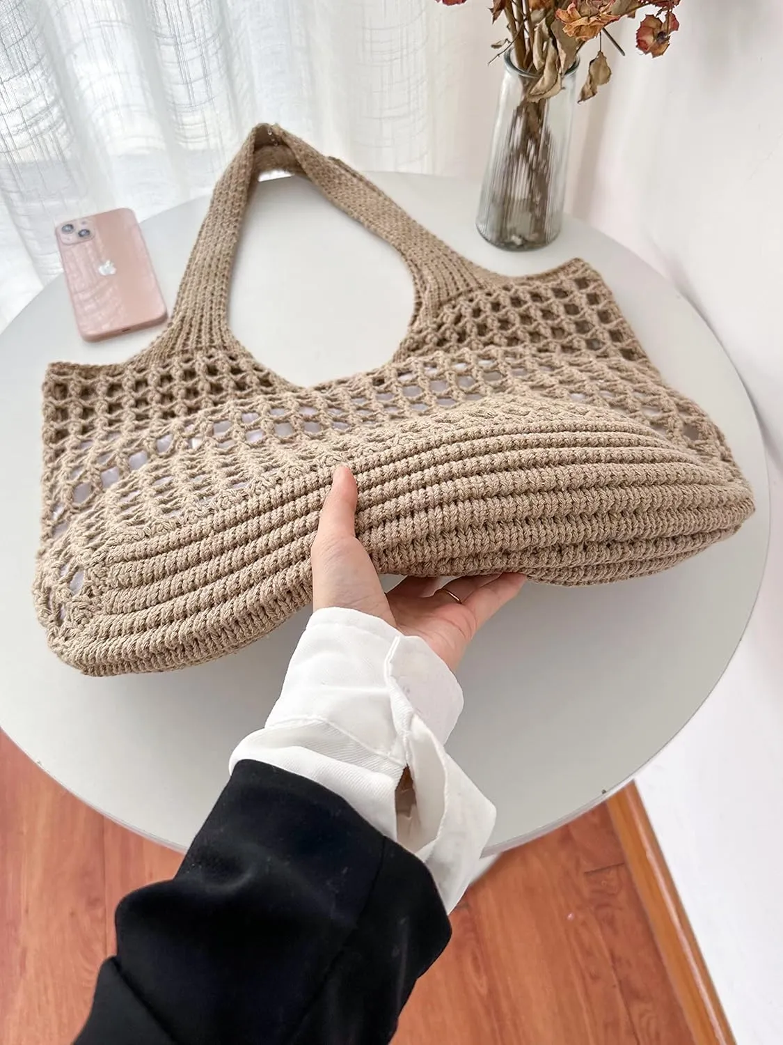 ENBEI Crochet Beach Bag - Women's Knit Shoulder Bags for Travel - Cute, Handmade Tote