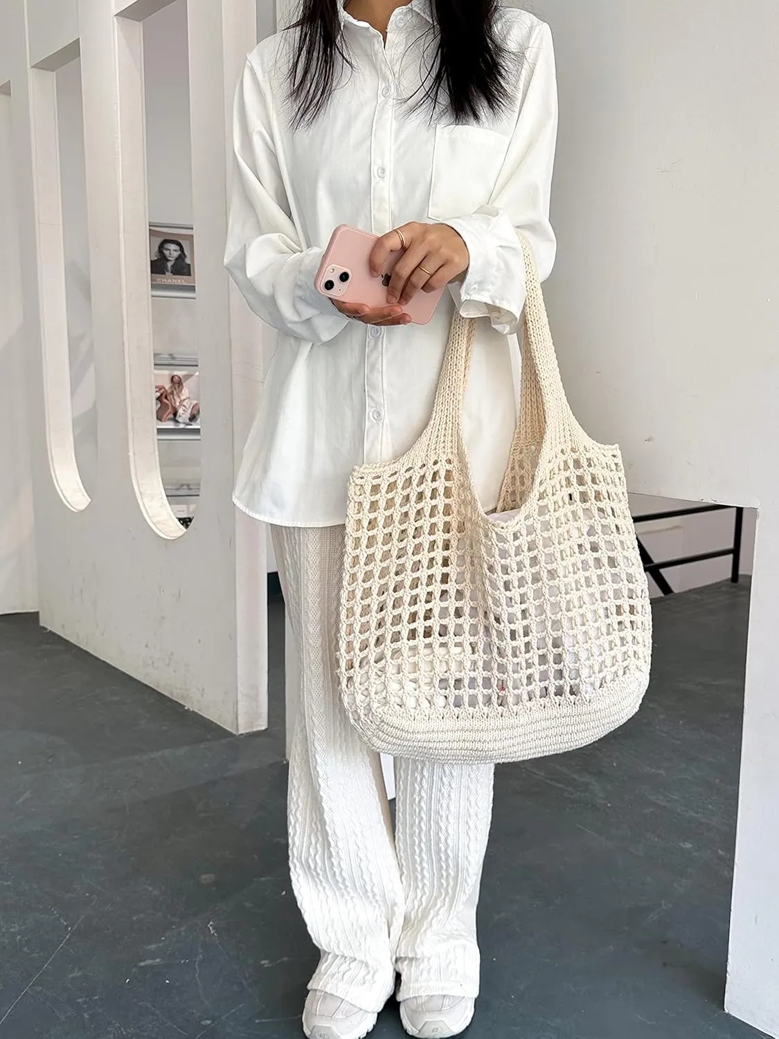 ENBEI Crochet Beach Bag - Women's Knit Shoulder Bags for Travel - Cute, Handmade Tote