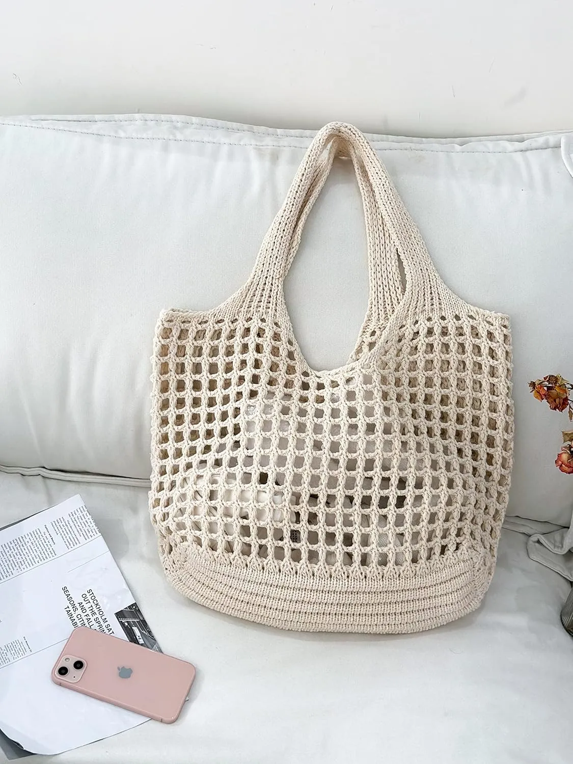 ENBEI Crochet Beach Bag - Women's Knit Shoulder Bags for Travel - Cute, Handmade Tote