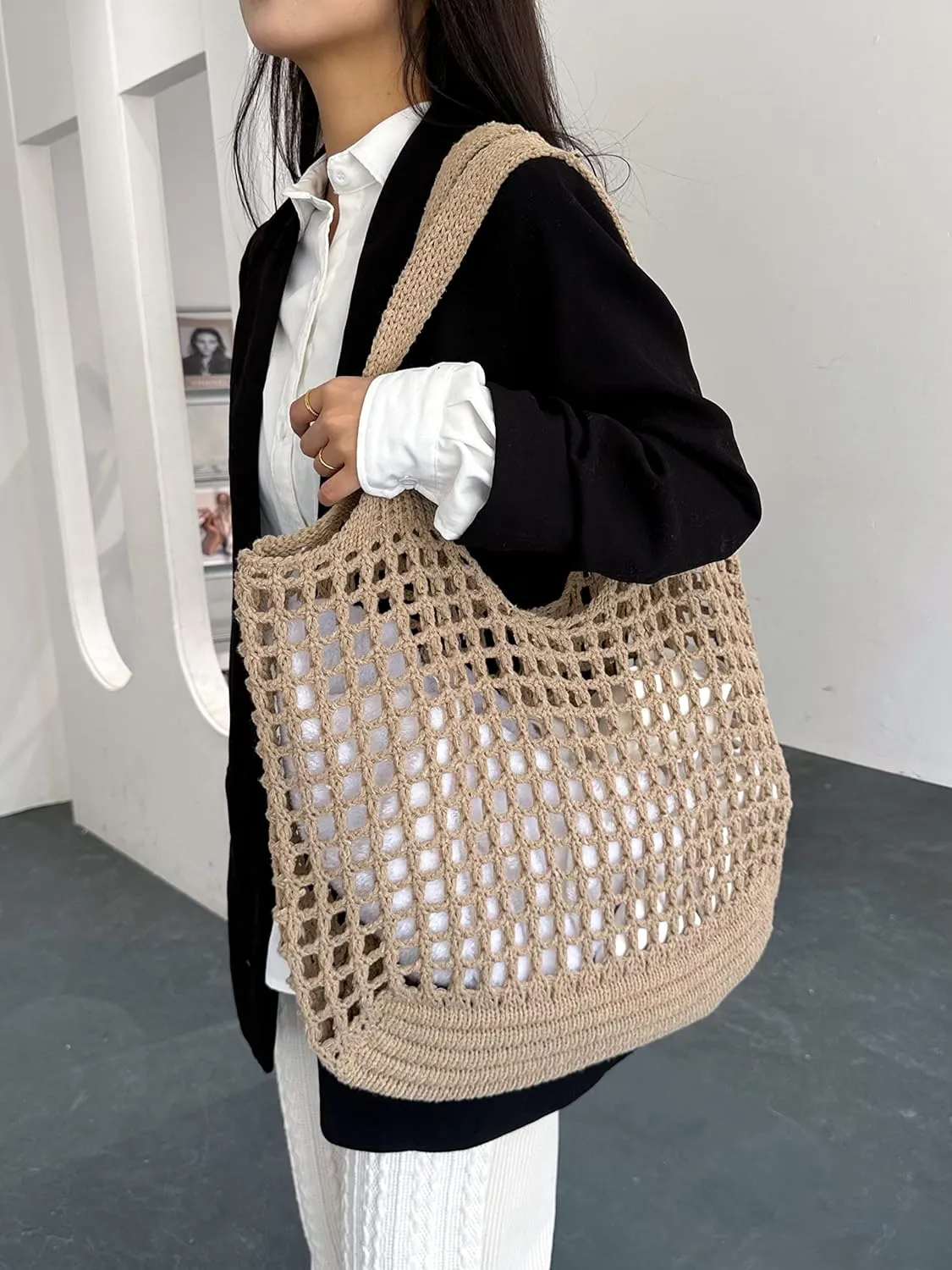 ENBEI Crochet Beach Bag - Women's Knit Shoulder Bags for Travel - Cute, Handmade Tote