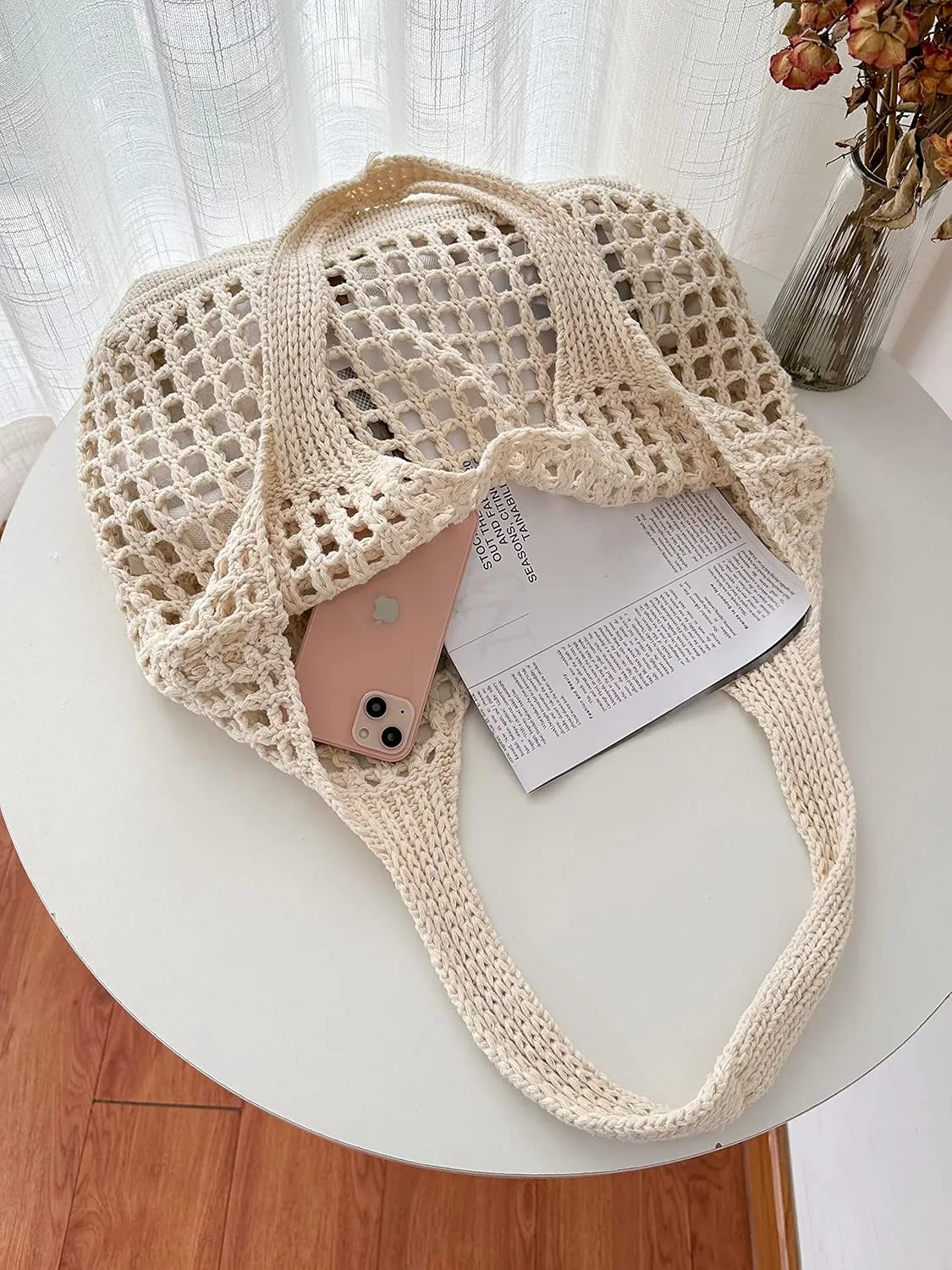 ENBEI Crochet Beach Bag - Women's Knit Shoulder Bags for Travel - Cute, Handmade Tote