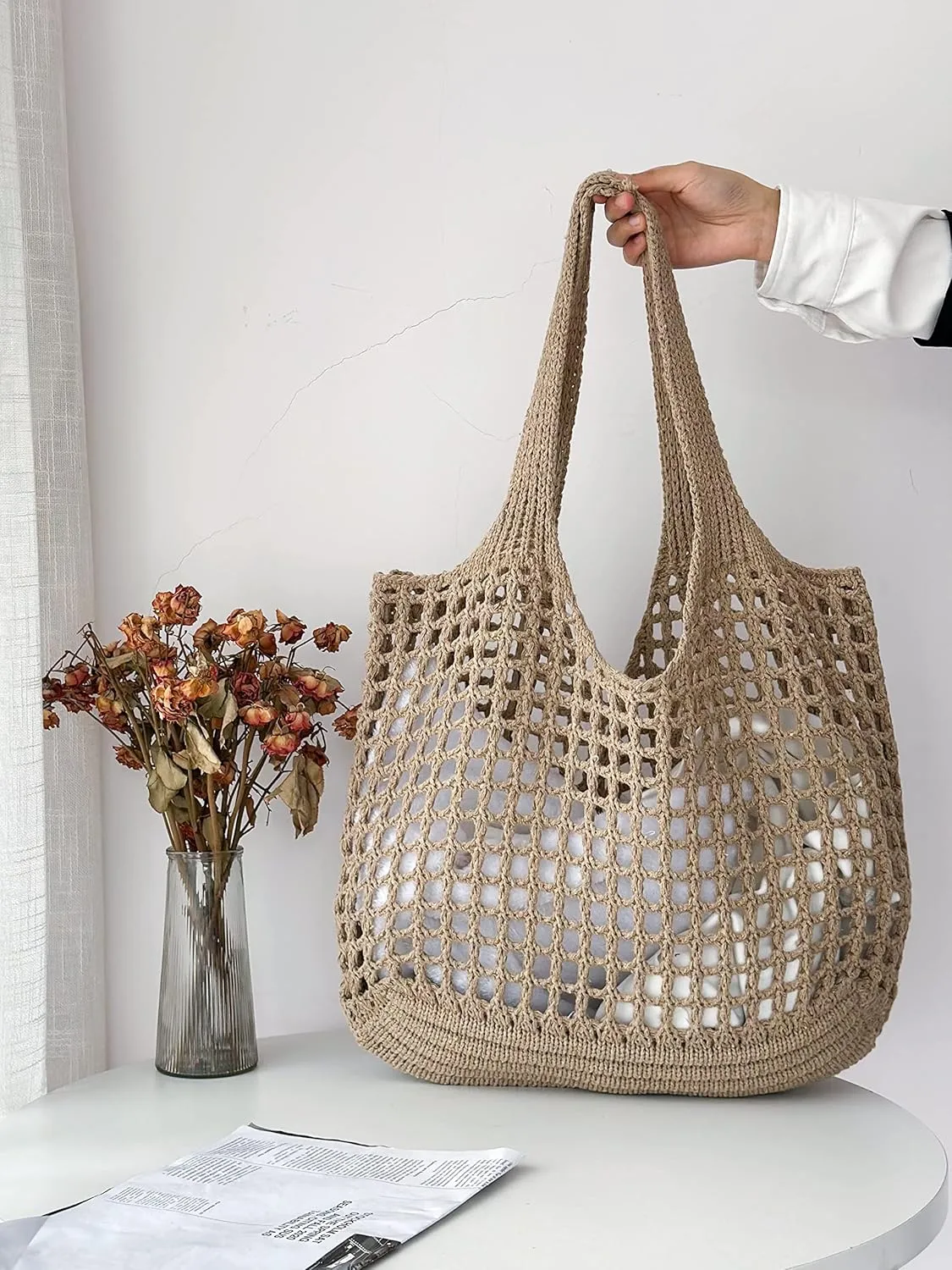 ENBEI Crochet Beach Bag - Women's Knit Shoulder Bags for Travel - Cute, Handmade Tote