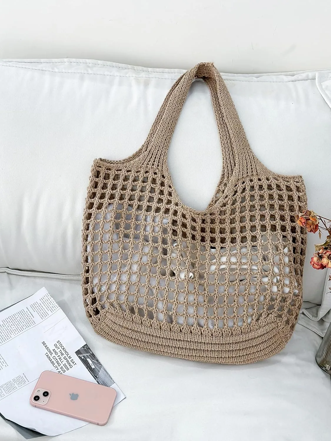 ENBEI Crochet Beach Bag - Women's Knit Shoulder Bags for Travel - Cute, Handmade Tote