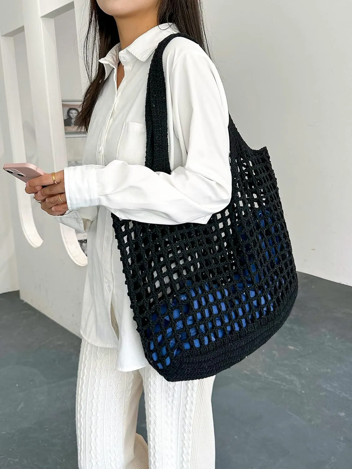 ENBEI Crochet Beach Bag - Women's Knit Shoulder Bags for Travel - Cute, Handmade Tote