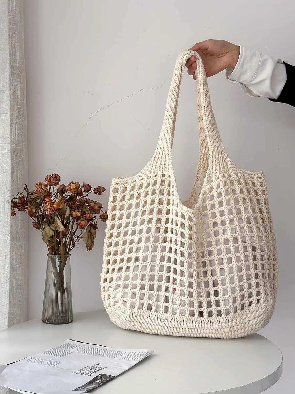 ENBEI Crochet Beach Bag - Women's Knit Shoulder Bags for Travel - Cute, Handmade Tote