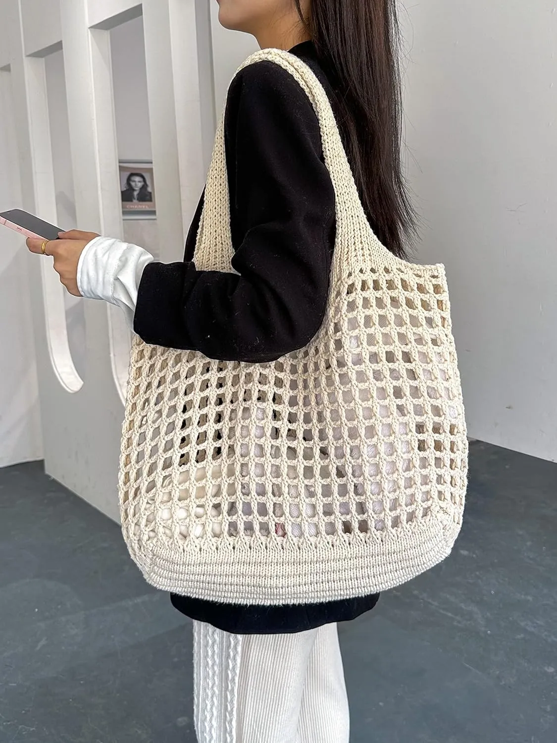 ENBEI Crochet Beach Bag - Women's Knit Shoulder Bags for Travel - Cute, Handmade Tote