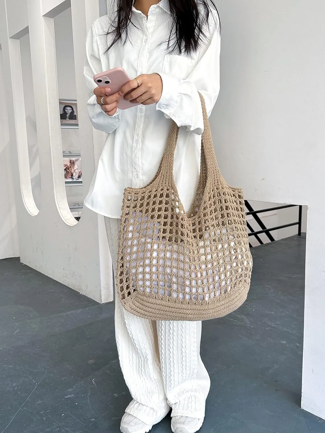 ENBEI Crochet Beach Bag - Women's Knit Shoulder Bags for Travel - Cute, Handmade Tote