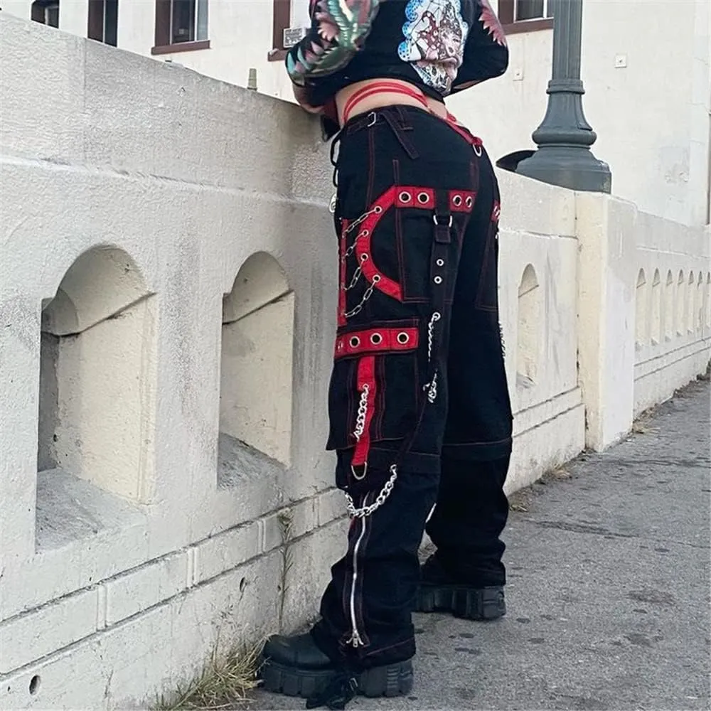 ENFUSO Punk Y2k Grunge Low Waist Emo Jeans Mall Gothic Women Black Patchwork Electro Pants Fashion Streetwear Alt Clothes