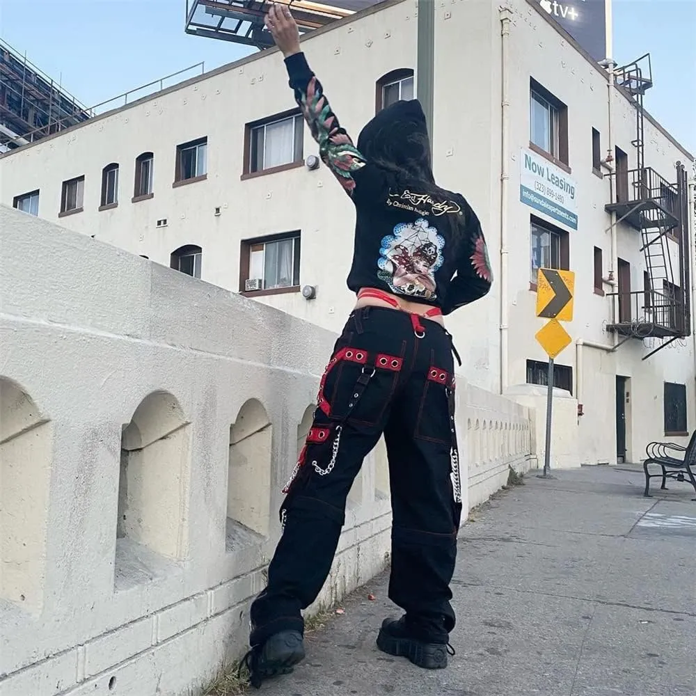 ENFUSO Punk Y2k Grunge Low Waist Emo Jeans Mall Gothic Women Black Patchwork Electro Pants Fashion Streetwear Alt Clothes