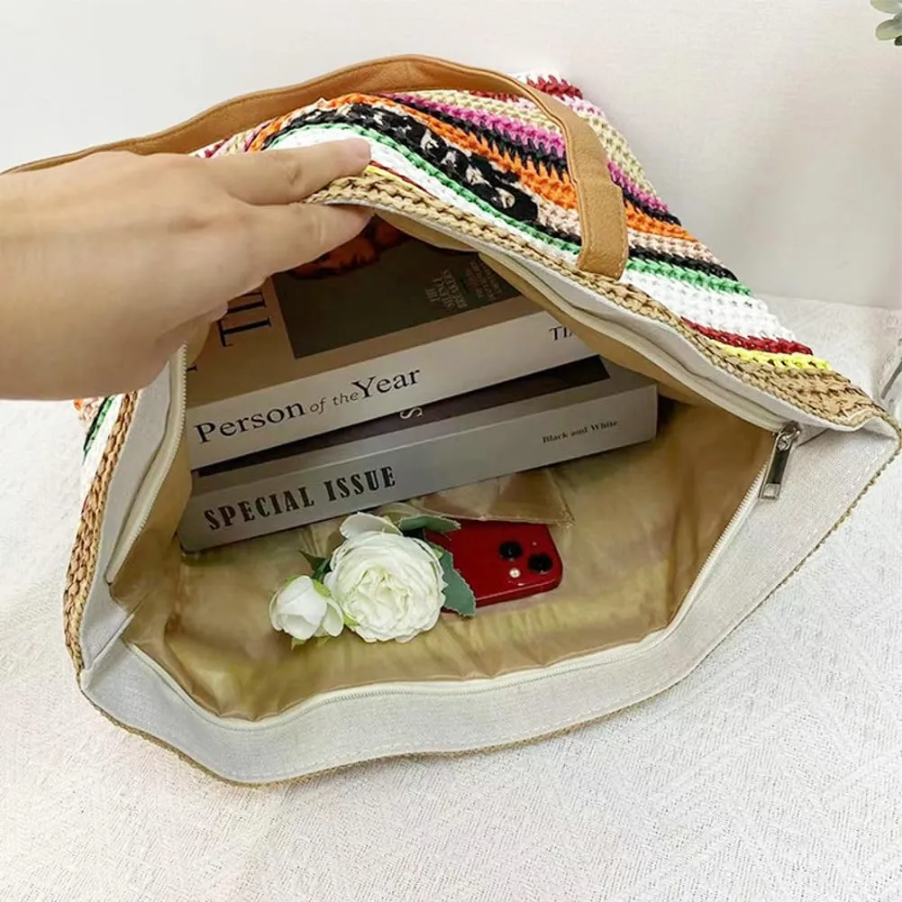 Epsion 2025 Large Straw Tote Bag for Women Woven Colored Stripe Shoulder Bags Handbag Beach Travel Summer