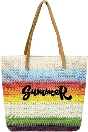 Epsion 2025 Large Straw Tote Bag for Women Woven Colored Stripe Shoulder Bags Handbag Beach Travel Summer