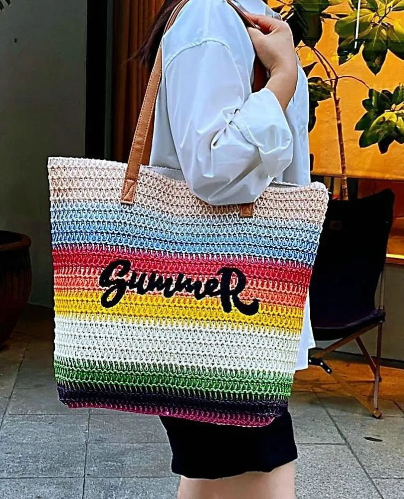 Epsion 2025 Large Straw Tote Bag for Women Woven Colored Stripe Shoulder Bags Handbag Beach Travel Summer