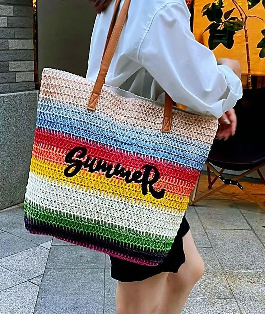Epsion 2025 Large Straw Tote Bag for Women Woven Colored Stripe Shoulder Bags Handbag Beach Travel Summer