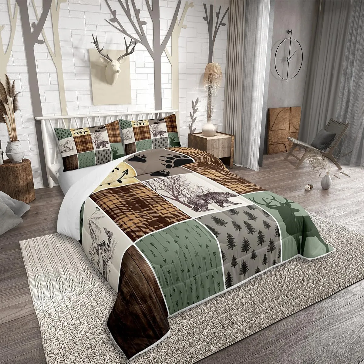 Erosebridal Cabin Rustic Lodge Bedding Set, Hunting Bear Deer Comforter Set Twin for Kids Boys Teens Adult Men Bedroom,Christmas Country Wild Animal Decor Retro Farmhouse Patchwork Quilt