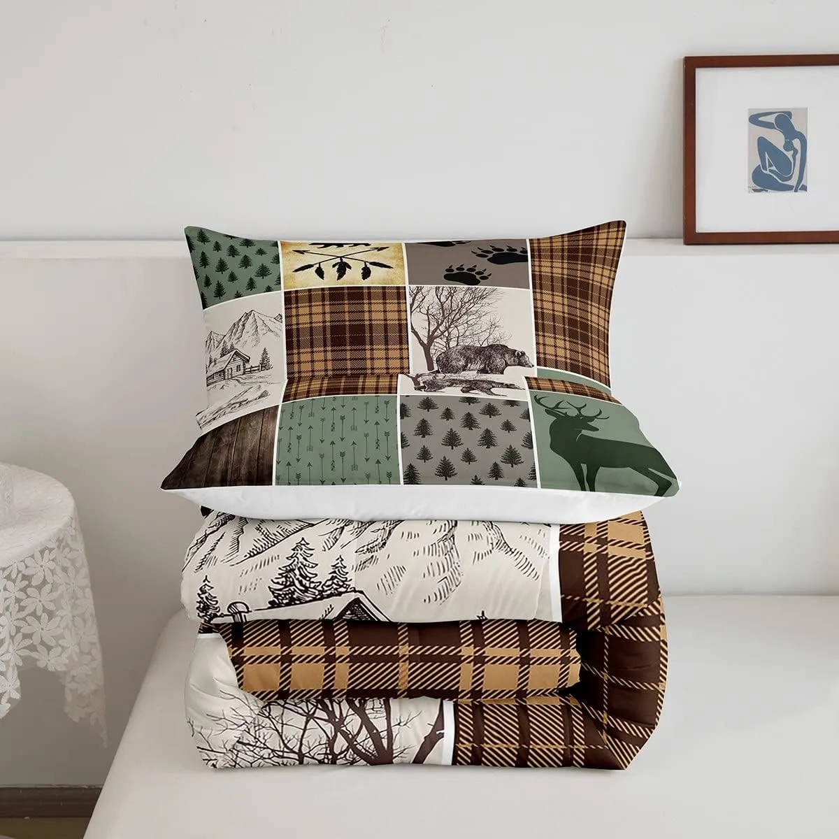 Erosebridal Cabin Rustic Lodge Bedding Set, Hunting Bear Deer Comforter Set Twin for Kids Boys Teens Adult Men Bedroom,Christmas Country Wild Animal Decor Retro Farmhouse Patchwork Quilt